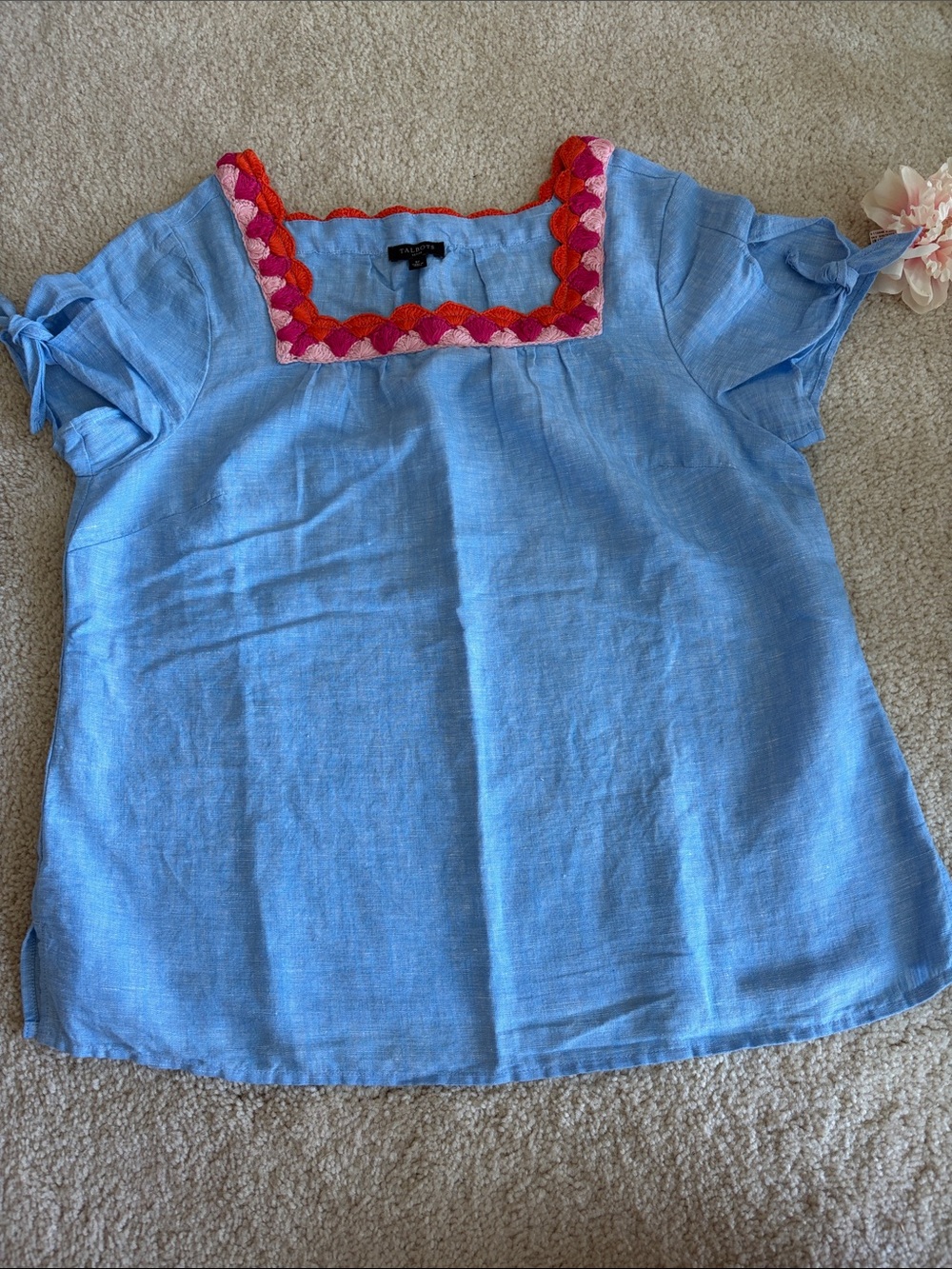 Talbots Light Blue Square-Neck Embroidered Linen Top